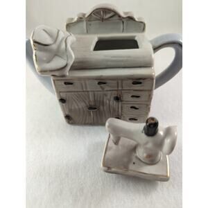 China Porcelain Decor Sewing Trinket Box Teapot.Size 4" X6" X 2.5"Beige/Blue